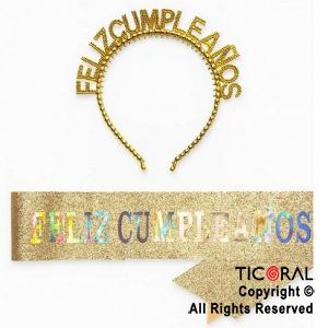 SET VINCHA PLSTICA PERLAS Y BANDA FELIZ CUMPLEAOS GIBRE ORO X 1